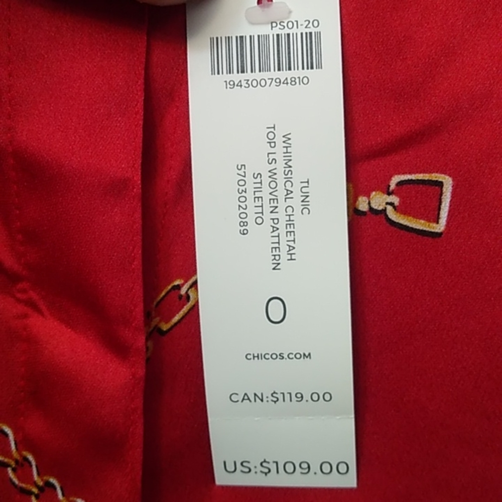 Chico's Cheetah & Chains L/S Tunic, Red, Size 0, NWT - Picture 7 of 7